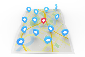 Wall Mural - red pointer surrounded by blue markers on world map