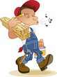 Cartoon construction worker or handyman whistles wile he works