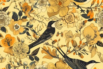 Sticker - yellow and black floral wallpaper with a bird perched on a branch. Generative AI