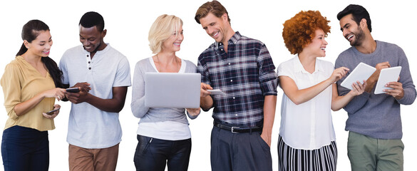 Canvas Print - Smiling business people using technology against white background