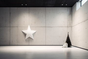 Canvas Print - an empty room with a white star on the wall and a small christmas tree in the floor is shiny silver. Generative AI