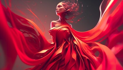 Woman in red fluttering dress . Creative illustration. (Ai Generate)