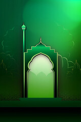 Poster - Eid green background with islamic decoration vibrant hues of the gradient background. Eid ramadan background concept with copy space. generative ai