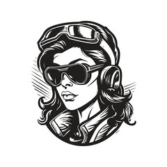 badass biker girl, logo concept black and white color, hand drawn illustration