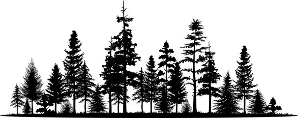 Wall Mural - Pine tree panorama vector illustration set. Black silhouette.