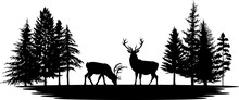 Pine Tree And Reindeer Vector Illustration Set. Black Silhouette Landscape.