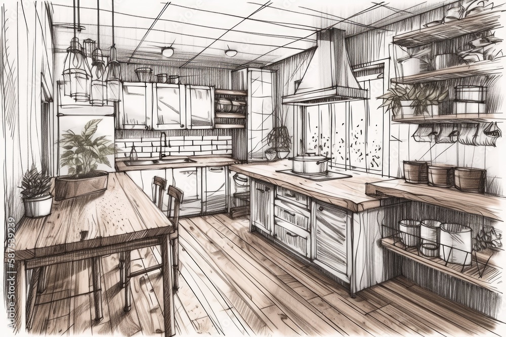 Hand drawn sketch unfinished project becomes actual, bohemian kitchen ...