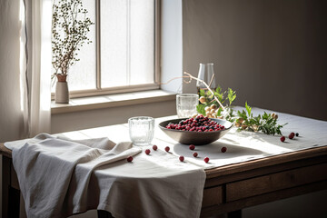 Canvas Print - a bowl of cran and berries on a table next to a window with sunlight streaming through the windowsill. Generative AI