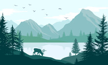 Mountain Nature View Vector Illustration. Flat Panorama View Of Lakeside. Reindeer And Bird Silhouette. Traveling And Camping Poster Design.