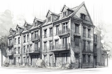 Sticker - row of buildings in black and white. Generative AI