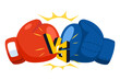 Red and blue boxing gloves fight icon. Battle Versus emblem flat design cartoon style on isolated white background. Vector illustration for banner, poster, and wallpaper.