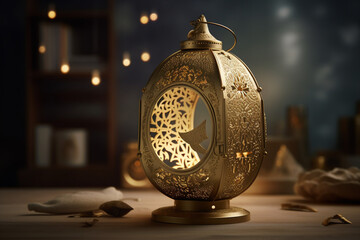 Wall Mural - glowing golden lantern for Eid and ramadan concept exude warmth and joy. generative ai