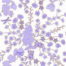 Florals Print. Blue Floral Garden Seamless Pattern. Dragonfly, Ladybugs, Flowers. Vintage Botanical Garden. Grapes, Lemons, Fruits. Good For Fashion Design, Fabric, Bedding, Wallpaper, Textile.