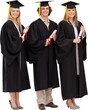 Three smiling students in graduate robe holding a diploma