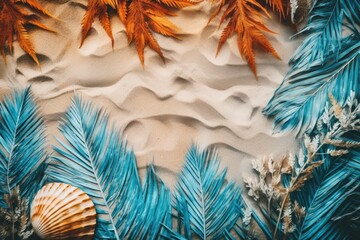 Canvas Print - tropical beach with palm leaves and a seashell. Generative AI