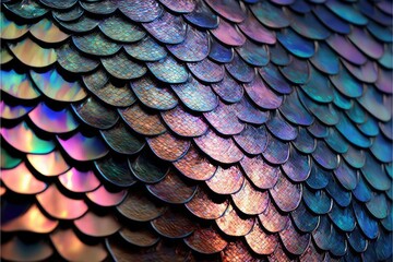 Abstract art of dragon skin in seamless iridescent fantasy scales pattern design. Closeup intricate hyper realistic beautiful animal skin. Finest generative AI.