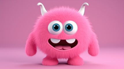 Wall Mural - cartoon style, Pink and fluffy, with big, innocent-looking eyes and tiny little horns, little monster. Generative ai.