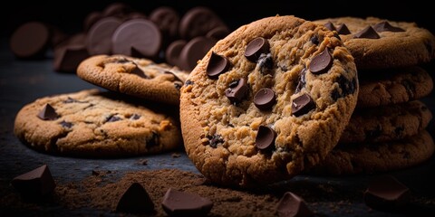 Wall Mural - Against a dark backdrop, a close-up of chocolate chip cookies. Generative AI