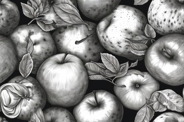 Canvas Print - apples and leaves in black and white. Generative AI