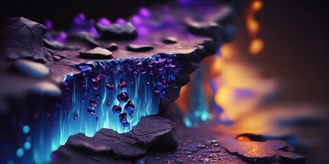 Wall Mural - Lustrous pebble drops of vibrant blue and translucent amethyst geode rock, sticky dripping and melting textures, flowing fluid like crystals, bokeh blur background, macro closeup - generative AI.