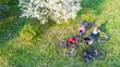 © Iuliia Sokolovska - Spring family cycling on bikes aerial drone view from above, happy active parents with children have fun and relax on grass under spring blossoming tree in park, family sport and fitness on weekend