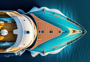 Wall Mural - Nose of cruise ship top view on blue sea illustration. Generative AI