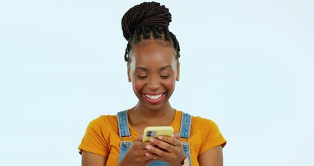 Poster - Phone, laugh and happy black woman reading joke, meme or search comic on internet, website or online social media. Comedy blog, app typing and studio person contact funny user on pastel background