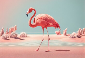 Pastel pink creative Summer concept of flamingo on the seashore during a sunny vacation. Sand and sea. Tropical animal flamingos. Illustration, Generative AI