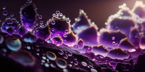 Poster - Melting pebble drops of vibrant translucent amethyst crystal, lustrous vivid purple glowing backdrop, flowing water fall, bokeh blur background and macro closeup rocky textured - generative AI.