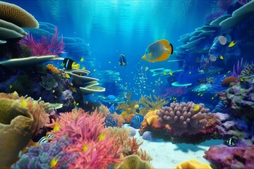 Colorful coral reef with bride fishes created with Generative AI technology. Ocean day