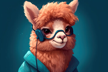 Wall Mural - close up of a llama with headphones