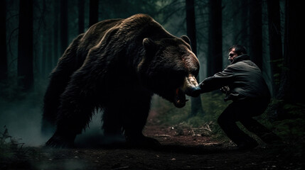 Wall Mural - brown bear attacking a men in the woods