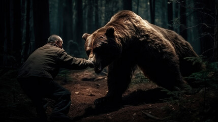 brown bear attacking a men in the woods