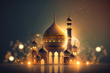 Wall Mural - Ai generated image of classic lamp with mosque shape with eid fitr celebration event.