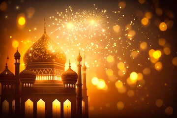 Wall Mural - Ai generated image of classic lamp with mosque shape with eid fitr celebration event.