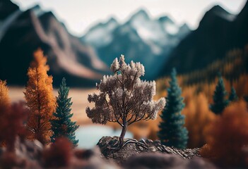 Wall Mural - Trees and mountains with bokeh in foreground. Generative AI