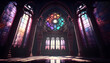 Majestically illuminated Gothic Hall with a remarkable Gothic rose window