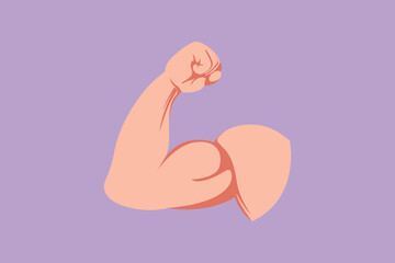 cartoon flat style drawing of arm, bicep, strong hand icon. strong power, muscle arms logo, label. m