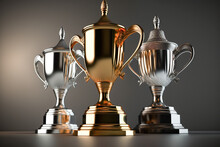 Top 3 Spots Winners Trophies Gold, Silver And Bronze In Dark Background. Created With Generative AI Technology.