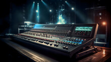 Professional Audio Production Equipment On Dark Background With Stage Lighting And Studio Spotlight For Live Concerts And Cinematic Renderings.