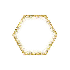 Wall Mural - Hexagon gold frame made of glitters with bright glow light effect vector illustration. Abstract golden border from luxury metal dust for swirl portal, decorative royal award on white background