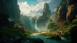 © Oleg - A fantastic scene with wild waterfalls in a dense jungle. A mysterious world where the atmosphere of adventure and wild nature reigns. Generative AI