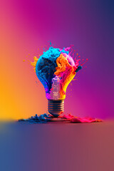 Wall Mural - a colorful glowing idea bulb lamp, visualization of brainstorming, bright idea and creative thinking, copy space, generative ai