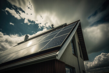 Solar panels on roof of house at architectural background AI generated