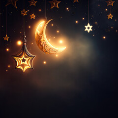 Poster - Golden Crescent Moon And Hanging Stars On Dark Background. 