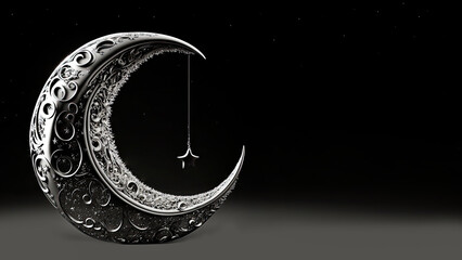 Poster - Silver Exquisite Crescent Moon With Hanging Star On Black Background. 