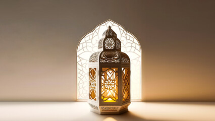 Poster - Arabic Lantern On Islamic Window Background.