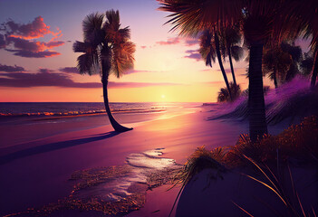 Poster - The sky is a beautiful mix of oranges, pinks, and purples, and there are palm trees swaying in the breeze. Generative AI technology.