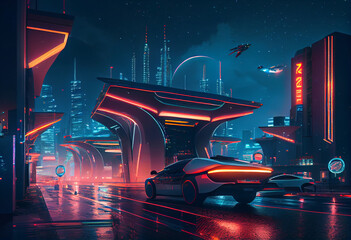 Poster - A futuristic cityscape at night, with towering skyscrapers and flying vehicles zipping through the air. Generative AI technology.