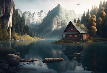 Poster - A serene lake surrounded by towering mountains and dense forests, with a small wooden cabin nestled on the shore.  Generative AI technology.